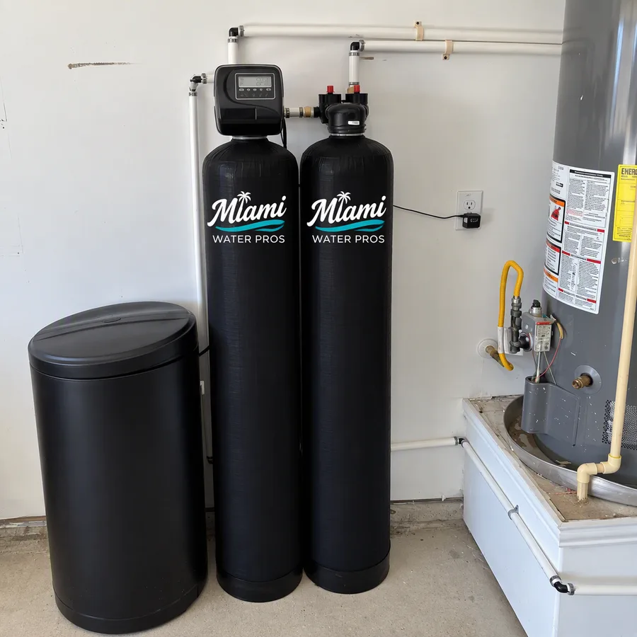 Water softener and carbon filter tanks with the Miami Water Pros logo